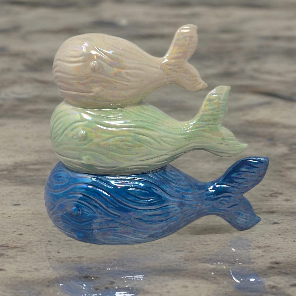 Ceramic Potpourri 3 Stacked Whales Papa Mama & Baby Iridescence Shine Colorful